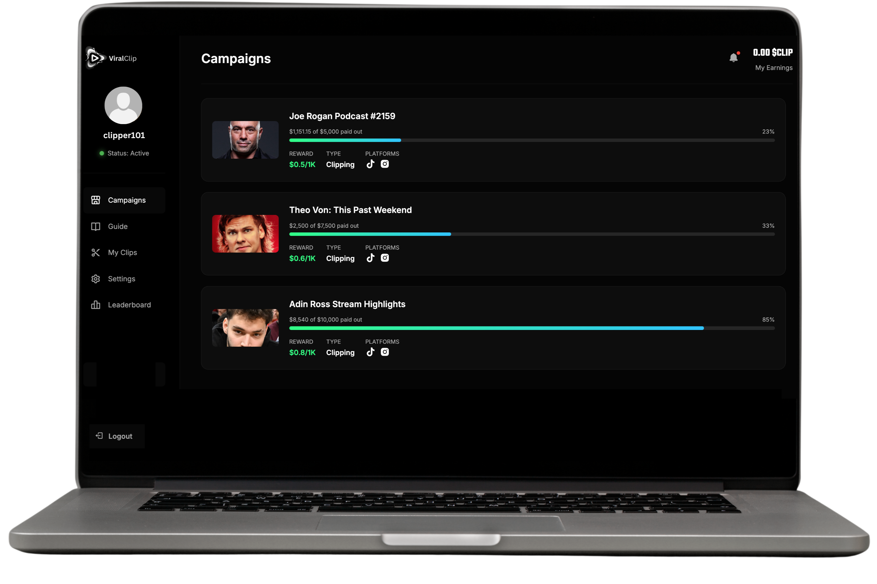 ViralClip Dashboard on a Laptop